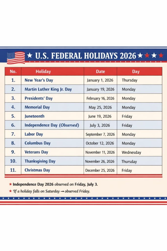 List of United States Federal Holidays 2026